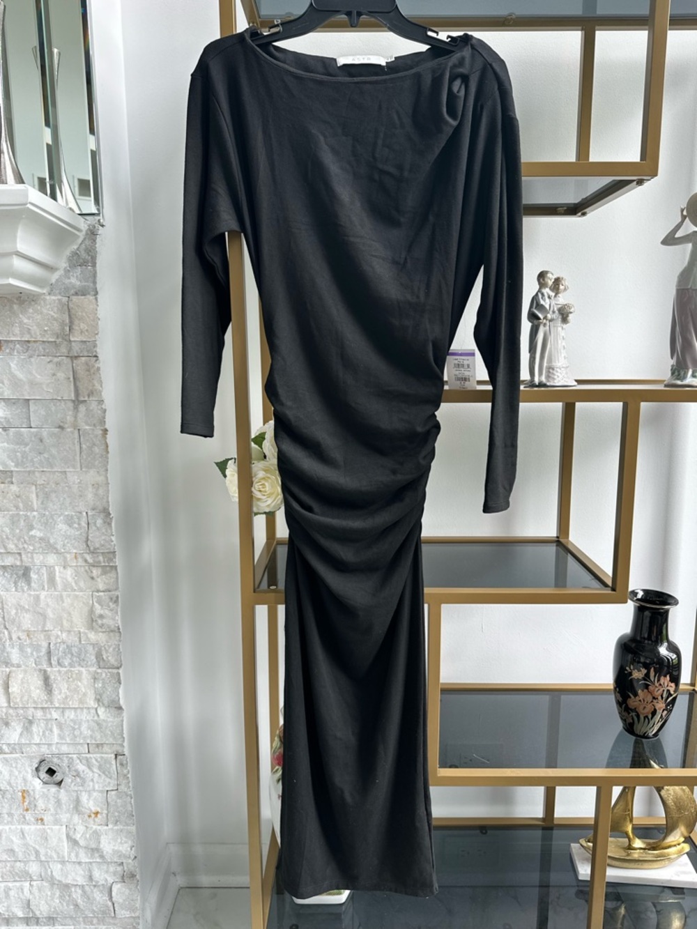 Astr Black Long-Sleeve Ruched Maxi Dress